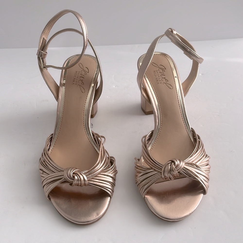 Jewel Badgley Mischka Christen Block Heel Leather Sandal Rose Gold Size 6.5 New - Picture 3 of 5